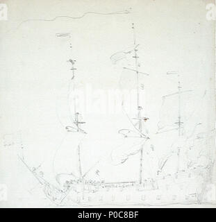 . Anglais : un bateau anglais avant que le vent un près de port en travers d'un deux-decker avant que le vent en vertu de l'avant-cours, et huniers spritsail. Le parcours principal est tiré au sec ; les principaux topgallant est délié sur la PAC. C'est un dessin au crayon par le Jeune, signé à l'encre brune 'W.V.VJ'. Un bateau anglais avant que le vent . circa 1681. Willem Van de Velde le jeune 313, un bateau anglais avant que le vent RMG PW6941 Banque D'Images