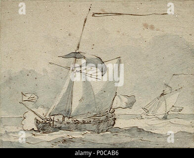 . Anglais : un yacht royal au près dans un vent frais La royal yachts et les membres néerlandais ou Princes de yachts, qui avait de grandes cabines à l'arrière, ont été utilisés pour le transport de personnes ou de navires d'expédition. Dans ce dessin d'un yacht est illustré au près tribord amures avec sa grand-voile et la misaine, hunier mais réduit à la PAC. Dans l'arrière-plan droit, il y a un yacht sur le port tack. Le dessin n'est pas signé. Un yacht royal au près dans un vent frais . circa 1700. Willem Van de Velde le jeune 185, un yacht royal au près dans un vent frais RMG PW7015 Banque D'Images