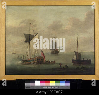 . Anglais : Un Yacht Royal, peut-être le 'Mary' le portrait d'un smack-rigged yacht royal, qui est pensé pour être le "Mary". Elle a été dépeinte à Port-trimestre vue, battant pavillon de l'Union européenne, à partir de l'arrière. Elle est en tirant une salve de son côté, à proximité du port à terre, et deux petits bateaux remplis de chiffres semblent être en arrivant sur son côté tribord. Au premier plan deux personnages avec des paniers ont été représentées sur la rive, sans doute pour les crustacés. Un petit cargo voiles plus légères à la droite et à l'entraxe d'un autre navire de forêt un salut. De l'homme est un artiste néerlandais qui a travaillé en Angleterre Banque D'Images