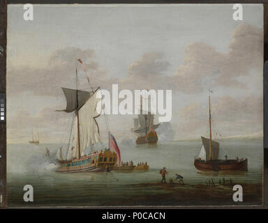 . Anglais : Un Yacht Royal, peut-être le 'Mary' le portrait d'un smack-rigged yacht royal, qui est pensé pour être le "Mary". Elle a été dépeinte à Port-trimestre vue, battant pavillon de l'Union européenne, à partir de l'arrière. Elle est en tirant une salve de son côté, à proximité du port à terre, et deux petits bateaux remplis de chiffres semblent être en arrivant sur son côté tribord. Au premier plan deux personnages avec des paniers ont été représentées sur la rive, sans doute pour les crustacés. Un petit cargo voiles plus légères à la droite et à l'entraxe d'un autre navire de forêt un salut. De l'homme est un artiste néerlandais qui a travaillé en Angleterre Banque D'Images
