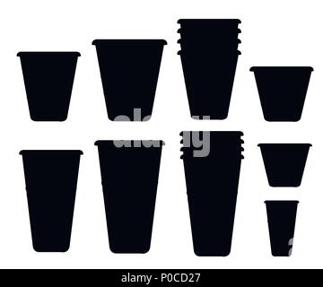 Silhouette noire. Ensemble de verres en plastique. Tasses jetables transparents de différentes tailles. Verres vides et avec de l'eau. Vector illustration isolé sur w Illustration de Vecteur
