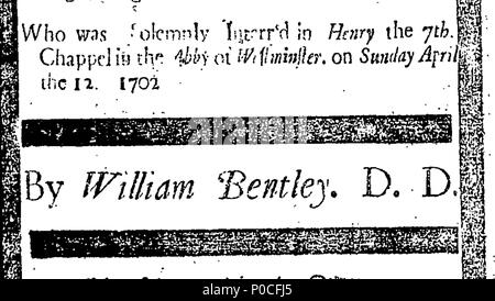 . Anglais : fleuron de livre : un sermon prêché à l'occasion, sur les funérailles de notre regretté Soveraign William le III. Roi d'Angleterre, d'Écosse, la France et l'Irlande ; qui a été solennellement interr'd dans Henry la 7e. Dans le Chappel Abby de Westminster. le dimanche le 12 avril. 1702 par William Bentley. D.D. Disponible pour commander. 199, à l'occasion d'un sermon prêché au sujet des funérailles de notre regretté Soveraign William le fleuron III T000577-2 Banque D'Images