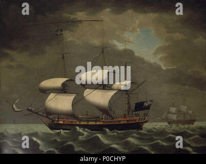 . Anglais : un navire négrier ( ?) Une peinture d'un navire basé Liverpool semble être impliquée dans la traite des esclaves. Il entretient de fortes similitudes avec la même image de l'artiste, 'Liverpool' Bateau d'esclaves, peint vers 1780, et est maintenant au Merseyside Maritime Museum. Il y a un certain nombre de chiffres visible sur le pont, certains sont pensés pour être des esclaves et d'autres maîtres d'esclaves et des marins. Les circonstances précises de ce tableau ne sont pas claires, et il a peut-être été commandé pour le Liverpool bureaux d'une banque ou établissement commercial participant à l'esclavage de présenter une vue acceptable de l'échange. Cela coïncide avec la mère Banque D'Images