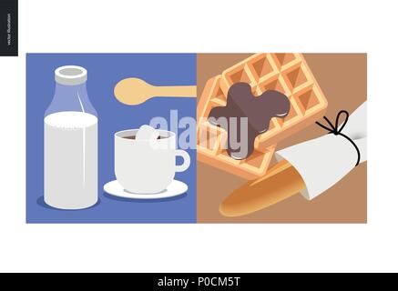 Des choses simples - repas - télévision cartoon vector illustration d'une tasse de café avec du sucre et cuillère, bouteille de lait, des gaufres belges couverts avec du lait chocol Illustration de Vecteur