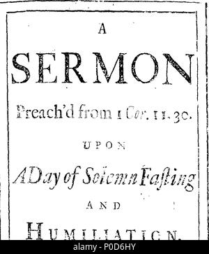 . Anglais : fleuron de livre : un sermon prêcher avait de I Cor. 11. 30. Sur un jour, un jour de jeûne et de l'humiliation. Par le Pasteur M. Nathanael Mather. 194 prêcher un sermon d'I Cor Fleuron N023662-1 Banque D'Images