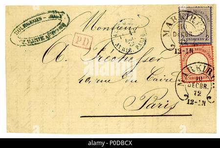 . Anglais : Couverture (lettre pliée) avec des timbres de l'Allemagne, 1 & 2 Groschen 1872 Question, grand bouclier, horseshoe Hufeisen annulé à MARKIRCH (Alsace) du 10 au 12 945-1872, envoyé à Paris via AVRICOURT-PARIS ligne. Michel N°19-20. . 10 décembre 1872 (2014-08-16 11:scan 23:34). Jacquesverlaeken 1 1872-1&amp;2Groschen Markirch Hufeisen Mi19-20 Banque D'Images