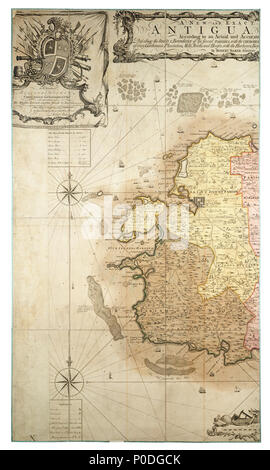 . Anglais : une nouvelle carte de l'exacte et l'île d'Antigua en Amérique, selon un relevé précis et réels réalisés dans le années 1746, 1747 et 1748. Deux feuilles. Part col. engr. Médium : segmentées et soutenu. Échelle : 1:34 000 (bar). Note : cartographique Latitude et longitude, Méridien de Londres. D'autres endroits : Caraïbes, les îles sous le vent. Table des matières Remarque : l'Encart plan d'English Harbour. Contient une table des secteurs de chaque paroisse. Dédié à William Mathew, Gouverneur des îles Leeward. Décoré avec de la mer les navires. Gren79/6 exact et une nouvelle carte de l'île de Antigua en Amérique, accordi Banque D'Images