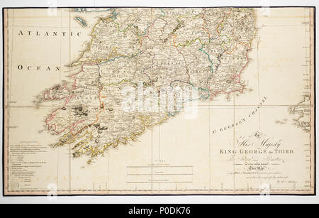 . Anglais : une nouvelle carte de l'Irlande par l'ecclésiastique et civile Rev.d D. A. Beaufort LLD Membre de la Royal Irish Academy. 2e éd. 1797deux feuilles. Engr. Médium : segmentées et soutenu. Description physique Remarque : dans les grandes lignes de couleur. Échelle : 1:500 000 (bar). Note : projection cartographique globulaire, méridien de Greenwich. Balances en miles, miles Anglais Irlandais et Français ligues. Table des matières Note : dédié au roi George III. Le cartouche indique angelots avec des produits irlandais et d'un caméo de George III sur un quai comme un navire de la Marine royale passé. À terre il y a une église avec sa tour à un échafaudage Banque D'Images