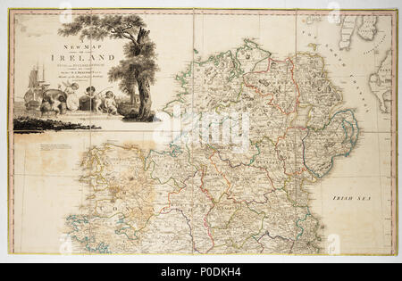 . Anglais : une nouvelle carte de l'Irlande par l'ecclésiastique et civile Rev.d D. A. Beaufort LLD Membre de la Royal Irish Academy. 2e éd. 1797deux feuilles. Engr. Médium : segmentées et soutenu. Description physique Remarque : dans les grandes lignes de couleur. Échelle : 1:500 000 (bar). Note : projection cartographique globulaire, méridien de Greenwich. Balances en miles, miles Anglais Irlandais et Français ligues. Table des matières Note : dédié au roi George III. Le cartouche indique angelots avec des produits irlandais et d'un caméo de George III sur un quai comme un navire de la Marine royale passé. À terre il y a une église avec sa tour à un échafaudage Banque D'Images