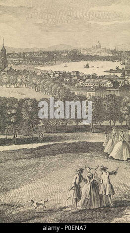 . Anglais : le point de vue de l'unTree-Hill dans Greenwich Park -- Perspective de la Colline appelle une Tree-Hill en Greenwich ParcAn idéalisée dans la perspective panoramique, en tenant à l'Observatoire sur la gauche et tous les round à Point Blackwall sur la droite. L'Hôpital Royal pour les marins embarqués dans le centre est indiqué comme complète, même si la cour de la Reine Marie (sous la coupole droite) a été n'a terminé en 1751. Il y a un certain nombre de versions de ce point de vue par Tillemans dans la collection, pas tous identiques dans le détail du paysage et par plusieurs graveurs, allant de 1744 à 1794 Fichier de format standard de détail Banque D'Images