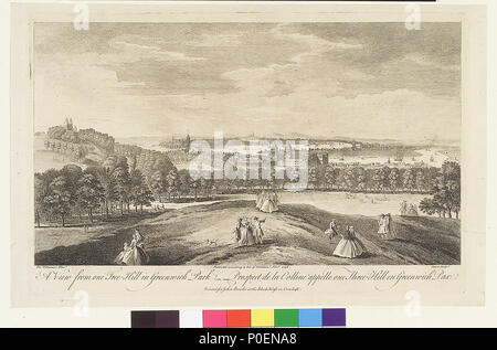 . Anglais : le point de vue de l'unTree-Hill dans Greenwich Park -- Perspective de la Colline appelle une Tree-Hill en Greenwich ParcAn idéalisée dans la perspective panoramique, en tenant à l'Observatoire sur la gauche et tous les round à Point Blackwall sur la droite. L'Hôpital Royal pour les marins embarqués dans le centre est indiqué comme complète, même si la cour de la Reine Marie (sous la coupole droite) a été n'a terminé en 1751. Il y a un certain nombre de versions de ce point de vue par Tillemans dans la collection, pas tous identiques dans le détail du paysage et par plusieurs graveurs, allant de 1744 à 1794 Vue d'unTree-Hill dans Banque D'Images