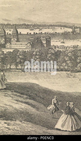 . Anglais : le point de vue de l'unTree-Hill dans Greenwich Park -- Perspective de la Colline appelle une Tree-Hill en Greenwich ParcAn idéalisée dans la perspective panoramique, en tenant à l'Observatoire sur la gauche et tous les round à Point Blackwall sur la droite. L'Hôpital Royal pour les marins embarqués dans le centre est indiqué comme complète, même si la cour de la Reine Marie (sous la coupole droite) a été n'a terminé en 1751. Il y a un certain nombre de versions de ce point de vue par Tillemans dans la collection, pas tous identiques dans le détail du paysage et par plusieurs graveurs, allant de 1744 à 1794 Fichier de format standard de détail Banque D'Images