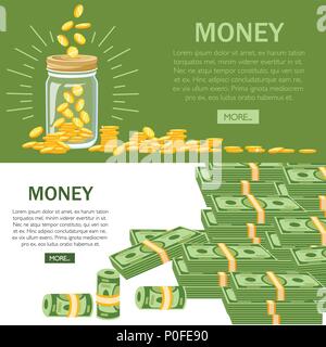 Les projets de télévision. Pièces d'or dans le bocal. Green dollar billets. Vector illustration avec le bouton vert. L'accumulation d'argent concept. Site Web et la page Illustration de Vecteur