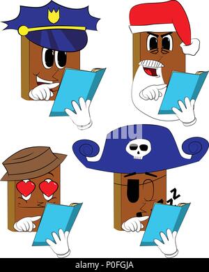 La lecture de livres et en montrant un livre ouvert. Bande dessinée collection costume avec Visages. Vecteur d'expressions définies. Illustration de Vecteur