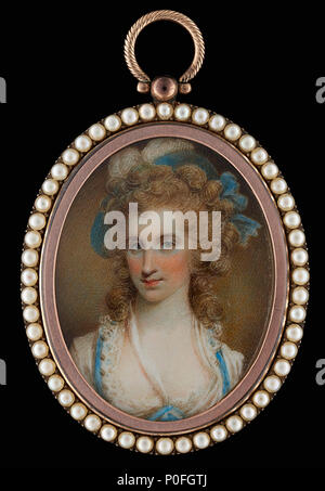 . Anglais : Miniature Portrait par Samuel Shelley (1750-1808), la pensée de dépeindre l'Angélique Schuyler Église (1756-1814), vêtue d'une robe blanche avec garniture bleue et la dentelle col, un chapeau bleu avec noeud orné d'une plume blanche, ses cheveux portés avec pendaison anglaises du 18e siècle Aquarelle sur ivoire ovale, 1 7/8in, (48mm) Provenance : Edward Grosvenor Paine par qui ils vendent, Christie's, Londres, 28 octobre 1980, lot 103 ; collection privée, France. . Vers 1800. Samuel Shelley (1750-1808) Noms alternatifs Samuel Shelly ; Shelley ; Shelly ; M. Shelly Description peintre britannique, illuminateur et pr Banque D'Images