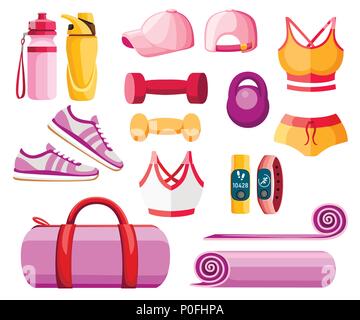 Ensemble d'accessoires de sport et des vêtements. Les tenues des femmes. Collection couleur orange et rose. Des icônes pour les classes dans la salle de sport. Vector illustration isolé sur Illustration de Vecteur