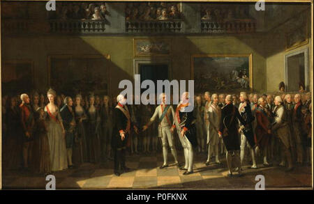 . Anglais : Déclaration de Pillnitz de 1791 Deutsch : der Zusammenkunft Monarchen von Sachsen, Österreich und Preußen à Pillnitz im August 1791 (v.li. : Deutscher Kaiser Leopold II, v.re.. : König von Preußen Friedrich Wilhelm II, vorn Mitte : Kurfürst von Sachsen Friedrich August III.) . 179119 Pillnitzer Deklaration Banque D'Images