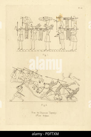 Saxon et Norman costume militaire à partir de la Tapisserie de Bayeux, xie siècle. Norman soldats transportant maille hauberks ou des armures 1, et l'infanterie saxonne repousser Norman cavalry avec des lances et des haches 2. La gravure sur cuivre de Thomas Anthony jour et J.H. Dines' Illustrations de costume médiéval en Angleterre recueillies à partir de manuscrits dans le British Museum, Bibliothèque Nationale de Paris, Bosworth, Londres, 1853. Banque D'Images