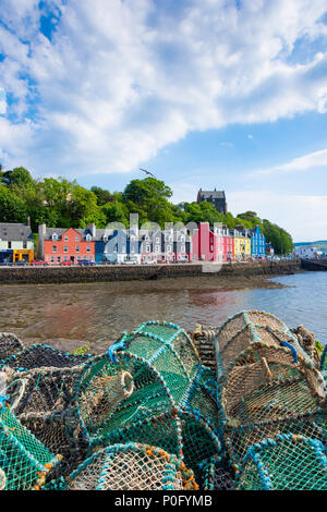 Maisons colorées et pots de homard sur le quai, Tobermory, l'île de Mull, les Hébrides intérieures, Argyll et Bute, Écosse, Royaume-Uni Banque D'Images