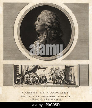 Caritat de Condorcet (1743-1794), philosophe français et mathematian. Vignette de sa mort dans sa cellule de prison de poison. Mezzotinte dessiné et gravé par Jean Duplessis-Bertaux complète de sa collection de 60 portraits des personnages qui ont le plus la figure dans la Revolution Francaise, Auber, paires, 1800. Portrait gravé par Charles François Gabriel Levachez. Banque D'Images