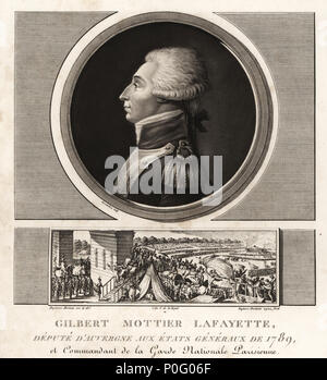 Gilbert Mottier Lafayette, adjoint de l'Etats generaux à Augergne, 1789. La vignette montre la Fédération générale sur le Champ de Mars, le 14 juillet 1790. Mezzotinte dessiné et gravé par Jean Duplessis-Bertaux complète de sa collection de 60 portraits des personnages qui ont le plus la figure dans la Revolution Francaise, Auber, paires, 1800. Portrait gravé par Charles François Gabriel Levachez. Banque D'Images