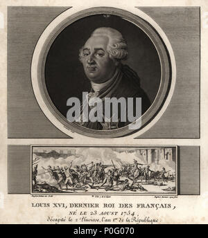 Le roi Louis XVI, dernier roi des Français. La vignette montre l'assaut du palais des Tuileries, le 10 août, 1792. Mezzotinte dessiné et gravé par Jean Duplessis-Bertaux complète de sa collection de 60 portraits des personnages qui ont le plus la figure dans la Revolution Francaise, Auber, paires, 1800. Portrait gravé par Charles François Gabriel Levachez. Banque D'Images