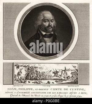 Adam Philippe, Comte de Custine, général de la Révolution française, exécuté pour trahison en 1793. La vignette montre l'armée révolutionnaire française en prenant la ville de Mayence en 1792. Mezzotinte dessiné et gravé par Jean Duplessis-Bertaux complète de sa collection de 60 portraits des personnages qui ont le plus la figure dans la Revolution Francaise, Auber, paires, 1800. Portrait gravé par Charles François Gabriel Levachez. Banque D'Images