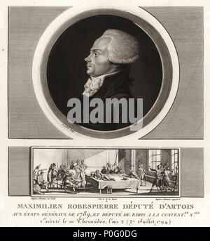 Maximilien Robespierre, administrateur de l'Artois, exécuté en 1794. La vignette montre Robespierre blessé allongé sur une table dans une chambre de la Commission de la Sécurité publique, le 9 Thermidor 1794. Mezzotinte dessiné et gravé par Jean Duplessis-Bertaux complète de sa collection de 60 portraits des personnages qui ont le plus la figure dans la Revolution Francaise, Auber, paires, 1800. Portrait gravé par Charles François Gabriel Levachez. Banque D'Images