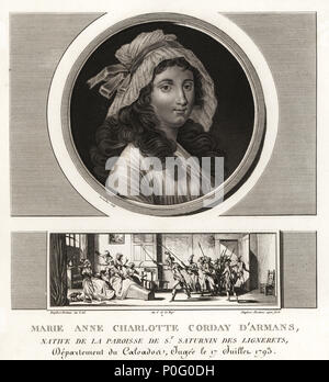 Marie-Anne Charlotte de Corday d'Armans, Jean-Paul Marat, assassin, 1768-1793. La vignette montre son arrestation à côté de la baignoire de Marat. Mezzotinte dessiné et gravé par Jean Duplessis-Bertaux complète de sa collection de 60 portraits des personnages qui ont le plus la figure dans la Revolution Francaise, Auber, paires, 1800. Portrait gravé par Charles François Gabriel Levachez. Banque D'Images