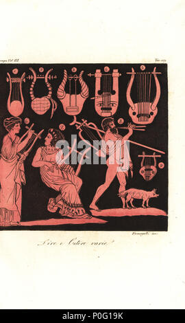 Types de lyres grec 1-5, 9, femme jouant de la cithare ou kithara 6,7, et l'homme à l'aulos ou tibia de vases grecs antiques. La gravure sur cuivre coloriée par Fumagalli de Giulio Ferrario Costumes d'antique et moderne des peuples du monde, Florence, 1847. Banque D'Images