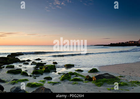 Lever de soleil sur la plage à Pomorie resort en Bulgarie, Europe Banque D'Images