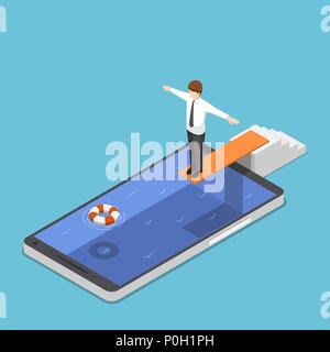 Télévision 3D isométrique businessman on tremplin prêt à sauter dans la piscine du smartphone. La dépendance du smartphone concept. Illustration de Vecteur