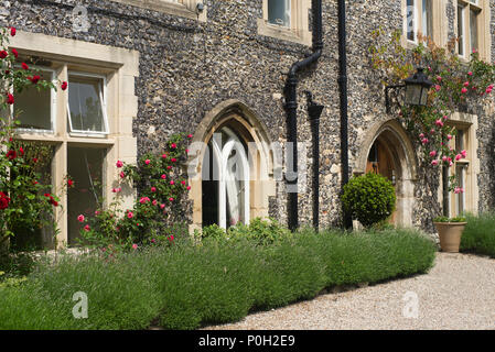 Vieille maison en pierre avec de plus en plus roses contre le mur Banque D'Images
