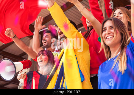 Groupe de fans vêtus de différentes couleurs en regardant un événement sportif dans les gradins d'un stade Banque D'Images