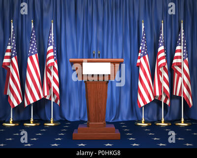 Le président tribune podium avec USA drapeaux. Exposé du président des États-Unis dans la Maison Blanche. Concept politique. 3d illustration Banque D'Images