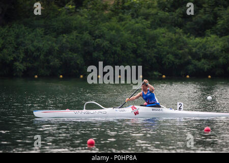 9 juin 2018 Ada Ciganlija, régates, Belgrade, Serbie ; ECA Canoe Sprint et Paracanoe Championnats d'Europe seniors ; Emma Wiggs de GBR en concurrence dans les VL2, une finale 200m, course de sprint Banque D'Images