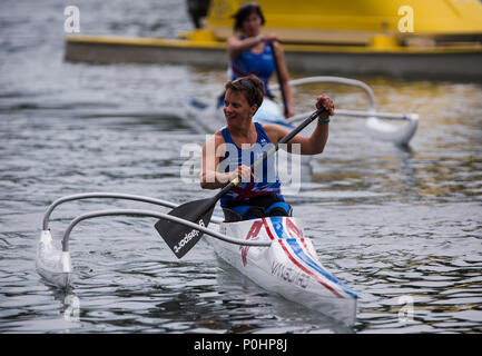 9 juin 2018 Ada Ciganlija, régates, Belgrade, Serbie ; ECA Canoe Sprint et Paracanoe Championnats d'Europe seniors ; Emma Wiggs de GBR en concurrence dans les VL2, une finale 200m, course de sprint Banque D'Images