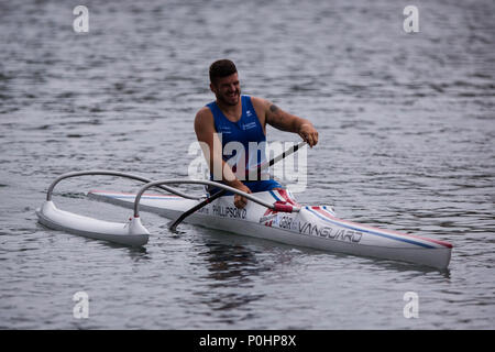 9 juin 2018 Ada Ciganlija, régates, Belgrade, Serbie ; ECA Canoe Sprint et Paracanoe Championnats d'Europe seniors ; David Phillipson de GBR rivalise en VL3, une finale 200m, course de sprint Banque D'Images