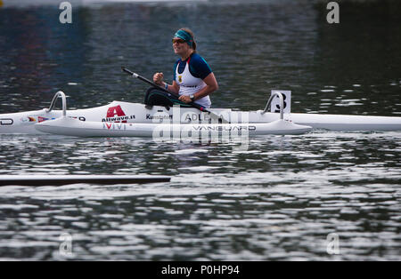 9 juin 2018 Ada Ciganlija, régates, Belgrade, Serbie ; ECA Canoe Sprint et Paracanoe Championnats d'Europe seniors ; Anja Adler de GER fait concurrence à la VL3, une finale 200m, course de sprint Banque D'Images