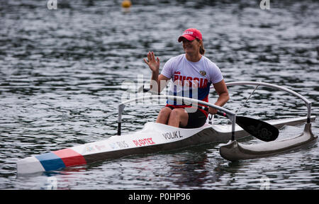 9 juin 2018 Ada Ciganlija, régates, Belgrade, Serbie ; ECA Canoe Sprint et Paracanoe Championnats d'Europe seniors ; Larisa Volik de RUS fait concurrence à la VL3, une finale 200m, course de sprint Banque D'Images