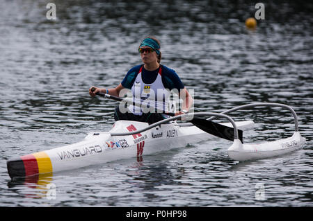 9 juin 2018 Ada Ciganlija, régates, Belgrade, Serbie ; ECA Canoe Sprint et Paracanoe Championnats d'Europe seniors ; Anja Adler de GER fait concurrence à la VL3, une finale 200m, course de sprint Banque D'Images