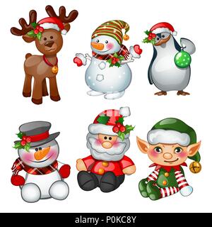 Le Père Noël, les rennes, bonhomme, Penguin, Santas assistant et apprenti. Esquisse pour carte de vœux, ou l'affiche de la fête, invitations de partie.Les attributs de Noël et Nouvel an. Vector illustration. Illustration de Vecteur