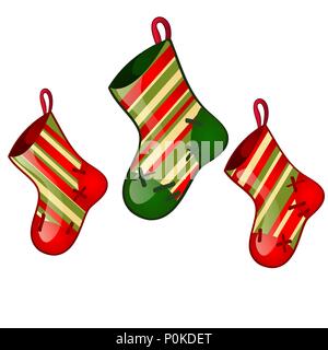 Ensemble de couleur suspendus sock rouges et vertes isolé sur fond blanc. Esquisse pour carte de vœux, de l'affiche de fête, invitations de partie.Les attributs de Noël et Nouvel an. Vector illustration Illustration de Vecteur