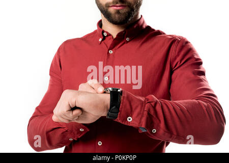 Cropped shot of man checking fois isolated on white Banque D'Images