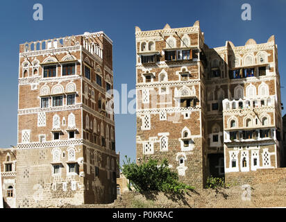 Vue de Sanaa maisons traditionnelles et de la vieille ville, au Yémen Banque D'Images