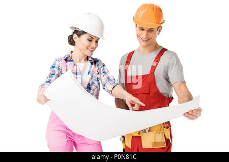 L'homme et la femme builders plan isolated on white Banque D'Images