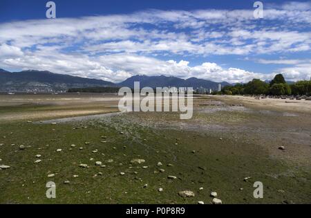 Kitsilano ou kits Beach marée basse avec ville de Vancouver Colombie-Britannique Canada Skyline et paysage lointain des montagnes de la côte nord Banque D'Images