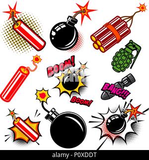 Ensemble de style bande dessinée de bombes, grenades, dynamite. L'élément de conception pour poster, carte, emblème, print, flyer, bannière. Vector illustration Illustration de Vecteur