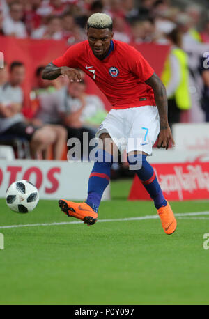 8 juin 2018, Poznan, Pologne : le soccer, le match amical contre la Pologne Chili au stade de l'INEA Poznan : Junior Fernandes du Chili. Photo : Jens Büttner/dpa-Zentralbild/dpa Banque D'Images