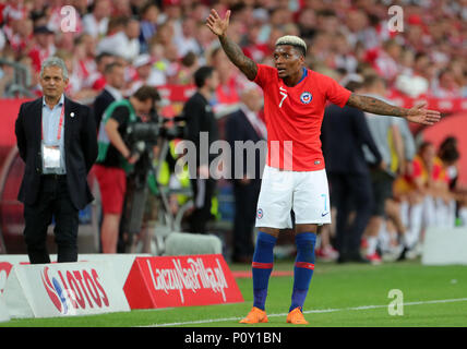 8 juin 2018, Poznan, Pologne : le soccer, le match amical contre la Pologne Chili au stade de l'INEA Poznan : Junior Fernandes du Chili. Photo : Jens Büttner/dpa-Zentralbild/dpa Banque D'Images